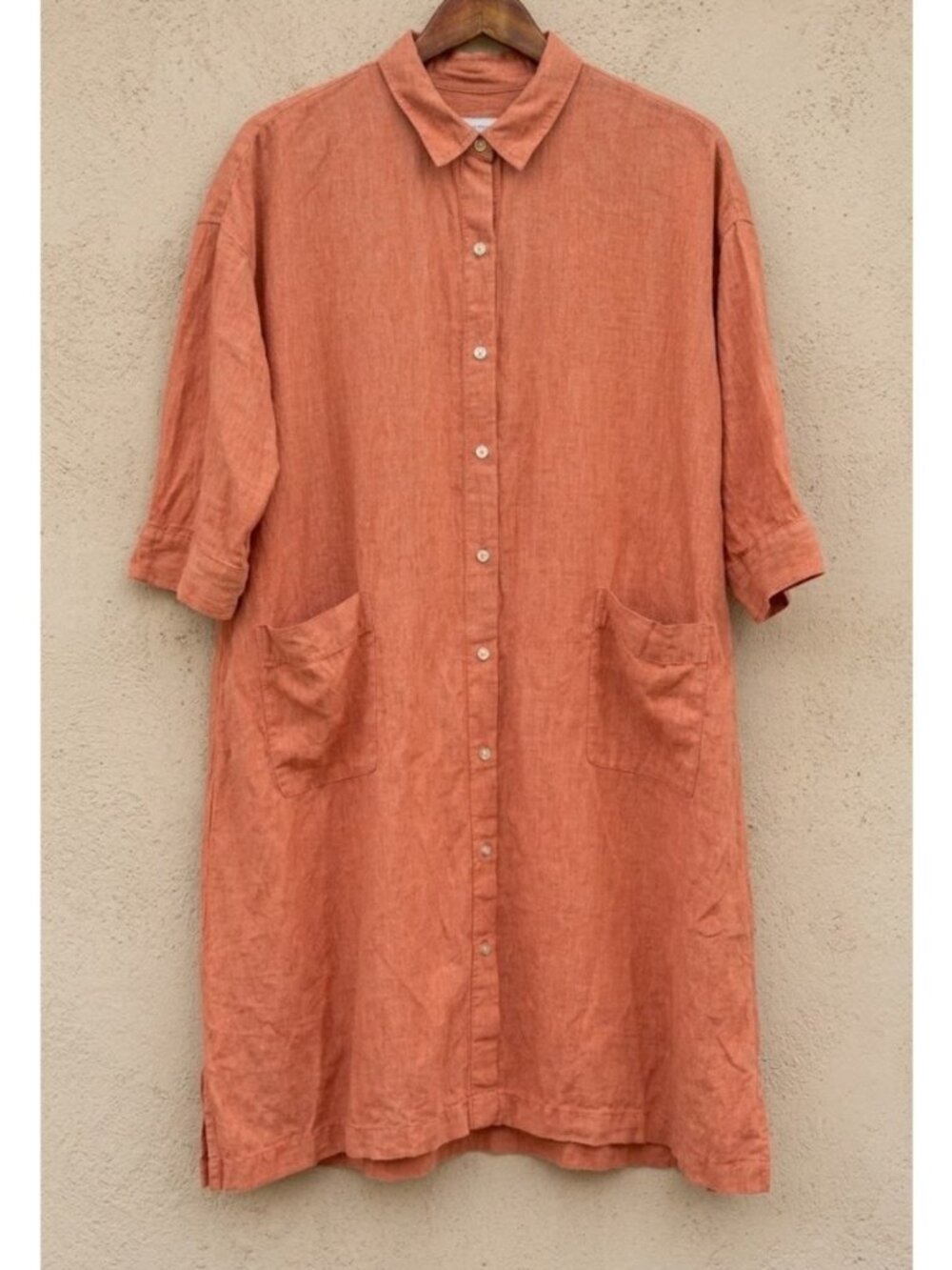 Pure J. Jill Sz M Petite 100% Linen Shirt Shift Dress Rust Button Pockets Button